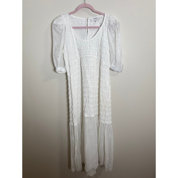 SEA NY White Eyelet Puff Sleeve Smocked Midi Dress - Picture 3 of 7
